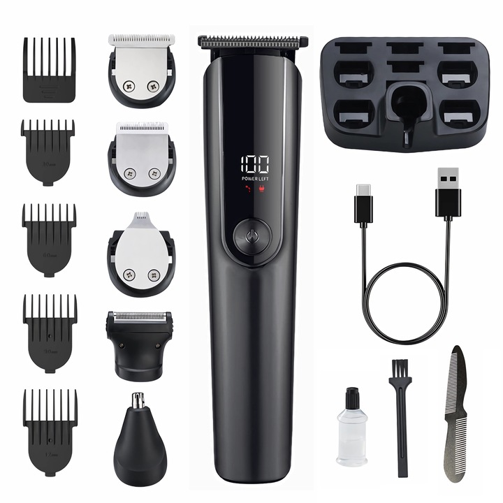 Masina de tuns profesionala, Qtenzivize, Multifunctionala 5 in 1, cu 15 piese, 10000 rpm, Afisaj LCD, pentru tuns parul, barba, mustata, nasul, urechile si corpul, Aparat de tuns reincarcabil, Gri negru