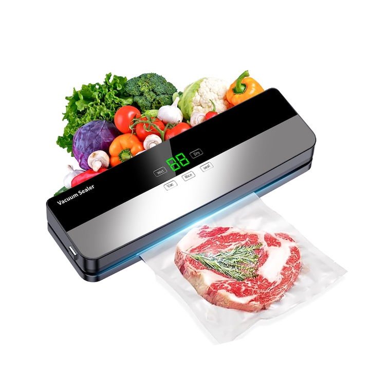 Aparat de vidat alimente, Qtenzivize, 5 functii Vid/Sigilare/Uscat/Umed, Lungime sigilare de 26 cm, Afisaj LED, Putere 120W, Panou de comanda Touch, 10 x pungi de vid, Furtun pentru vidare sticle si caserole, Negru/Argintiu, Modelul 6500