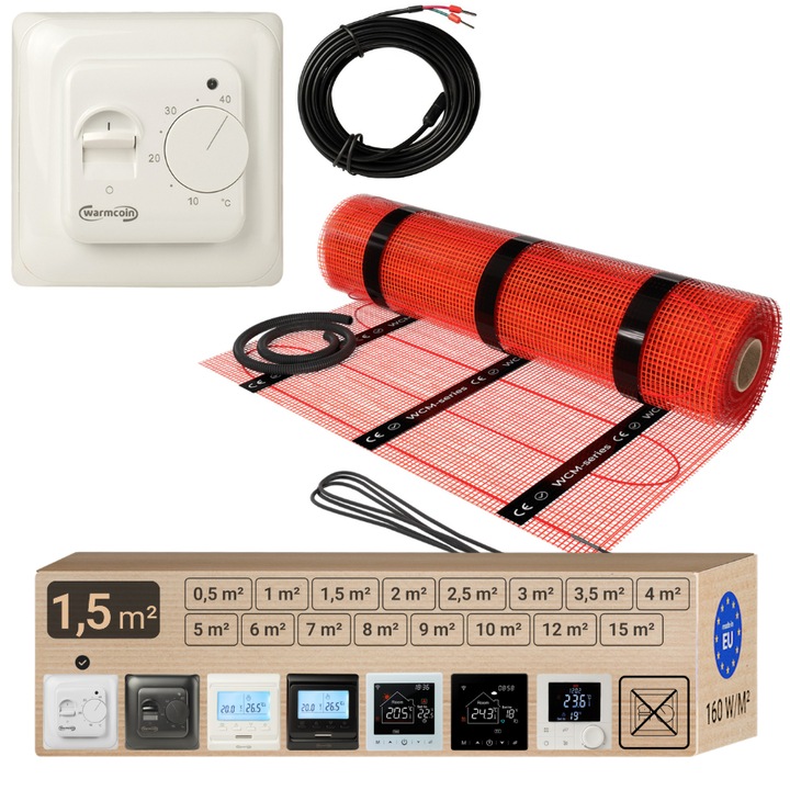 Pachet (saltea) covor incalzire in pardoseala Warmcoin WCM, 1.5 m² (240W, 230V), termostat analogic W70 cu senzor de pardoseala inclus