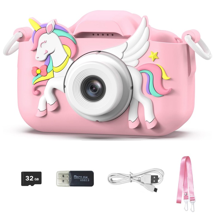 Camera foto digitala pentru copii, HEILU, Ecran 2.0 inch, Camere duble, video 1080P, Cu cititor de carduri, 28 rame foto, 6 filtre, 3 jocuri,, 32GB SD card, 600 mAh, Rezistenta la cadere, multicolor