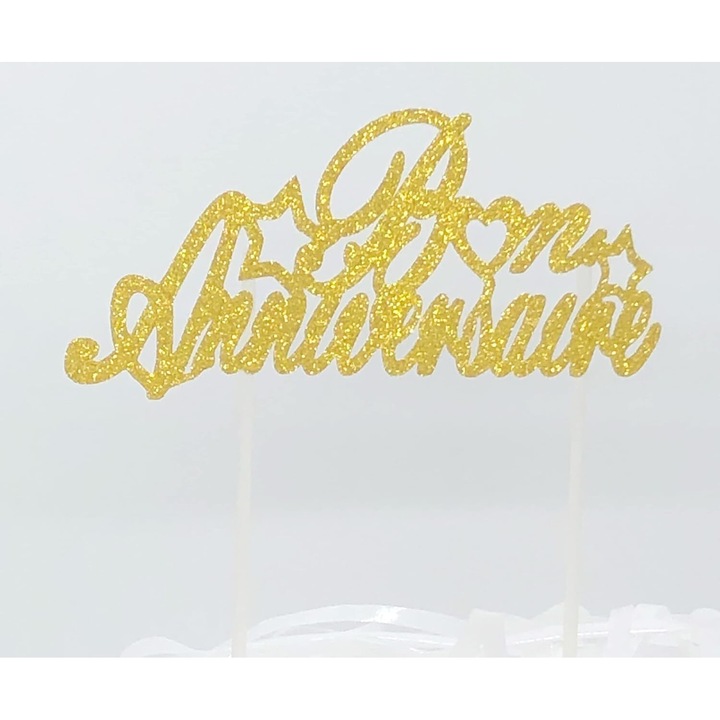 Топер за торта, AILEXI, декорация с текстово съобщение - Buon Compleanno, на френски, за рожден ден, злато