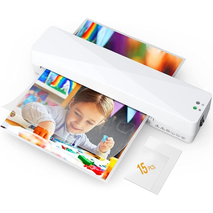 Комплект ламинатор A4, Wacorresi, Home Office Laminator, за A4/A5/A6, с 15 листа за ламиниране, със заобляне на ъглите с тример за хартия, топъл и студен режим, нисък шум, ABS - отстраняване на подвързването, за домашен офис в училище, бял