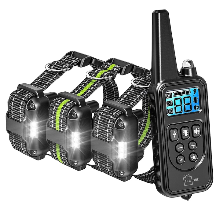 Elektromos nyakörv 3 kutyának, Felliner, 880-3, 99 rezgésszint, 300 mAh akkumulátor, 800 m hatótáv, 3 edzésmód, IP67, gumielektródák, bőrvédelem, állítható nyakörv, fekete