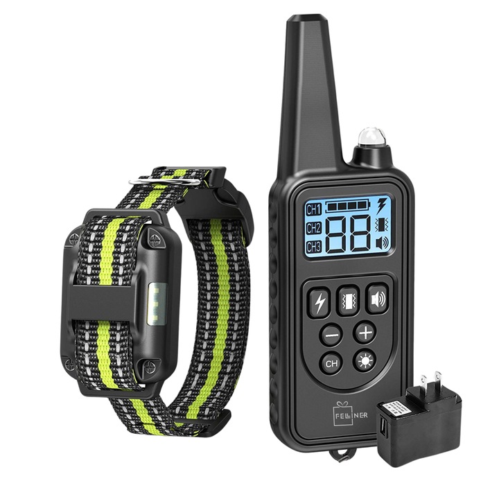 Elektromos kutyakiképző nyakörv, Felliner, 880-3, 99 rezgésszint, 300 mAh akkumulátor, 800 m hatótáv, 3 edzésmód, IP67, gumi elektródák, bőr védelem, állítható nyakörv, fekete