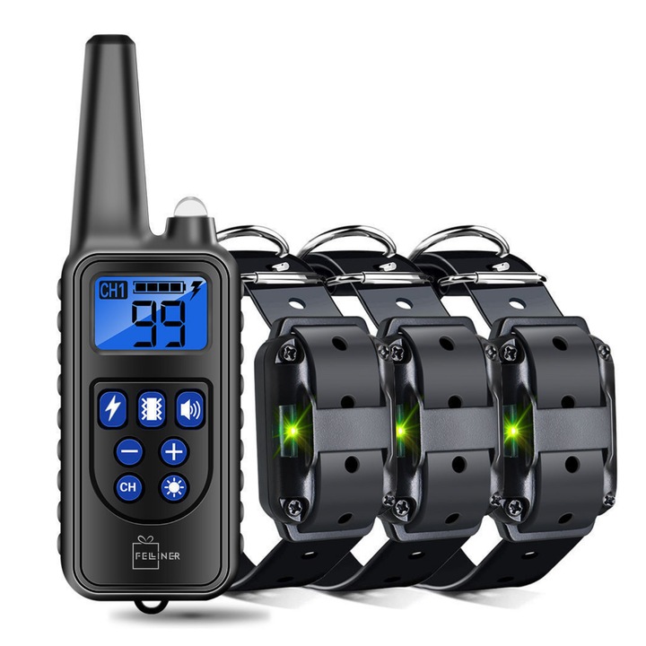 Elektromos nyakörv 3 kutyához, Felliner, 300 mAh akkumulátor, 800 m hatótáv, 3 edzésmód, 99 rezgésszint, IP67 vízállóság, bőrvédelem, állítható nyakörv, fekete