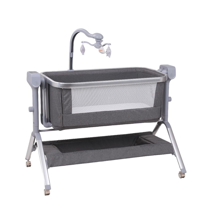 Patut co-sleeper reglabil cu functie de leagan electric, saltea inclusa, cu telecomanda si carusel muzical, A6 gri