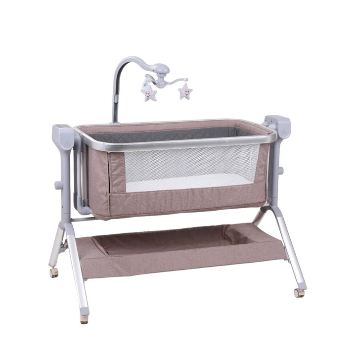 Patut co-sleeper reglabil cu functie de leagan electric, saltea inclusa, cu telecomanda si carusel muzical, A6 crem