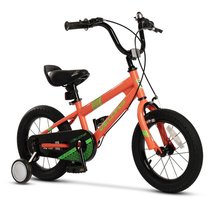 Детско колело 3-5 години Kids BMX Rider JSX1403, 14" колела, предни C-Brake спирачки, заден барабан, широки MTB гуми, спомагателни колела, оранжево със зелено