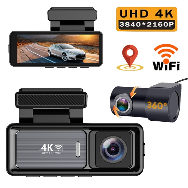 Автомобилна DVR камера 4K 3840*2160P, двоен преден и обратен запис, 170° ъгъл, нощно виждане, G-сензор, цикличен запис, вграден GPS, наблюдение на паркинг, приложение Viidure, сив