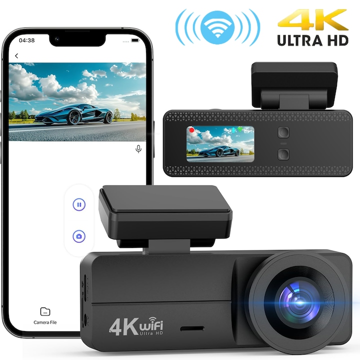 Camera Video De Bord Auto, IMODIX®, 4K UHD, Rezolutie 3840x2160, Wi-Fi, Vedere Nocturna, Unghi Marit de 170°, Ecran 1.47-inch, Senzor G, Detectarea Miscarii, Inregistrare In Bucla, Aplicatie Pe Telefon, K02, Negru