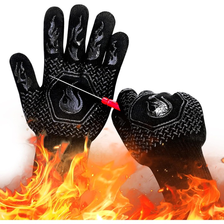 BBQ kesztyű, 1 pár, hőálló, aramid/szilikon/pamut anyagból, 800C, kettős felhasználású, fekete