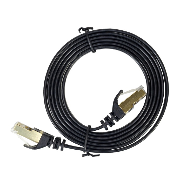 Lapos hálózati kábel S/STP CAT7 PNI U7015B, Patch, 2 x RJ45, 4 pár vezeték, 32AWG, réz, 10 Gbps, 600 MHz, 1,5 m, fekete