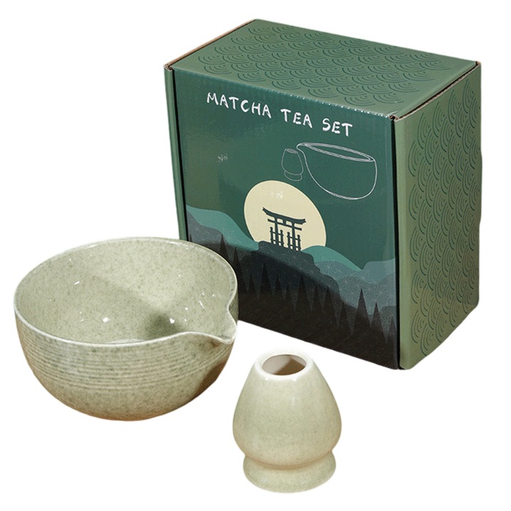 Set ustensile de bucatarie, Cozevdnt, bol traditional pentru matcha cu cioc de turnare, suport pentru tel, ceramic, 6x7cm/14x12.7cm