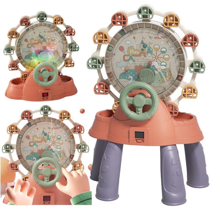 Jucarie Interactiva 2in1 Roata Ferris Electrica “Prinde Bila” MegaCarousel™ Lansator Automat cu 20 de Bile Colorate, Muzica si Lumini, Panou de Scor Digital, Volan Mobil pentru Control si Doua Compartimente, Picioare Detasabile, Joc de Indemanare, Purple