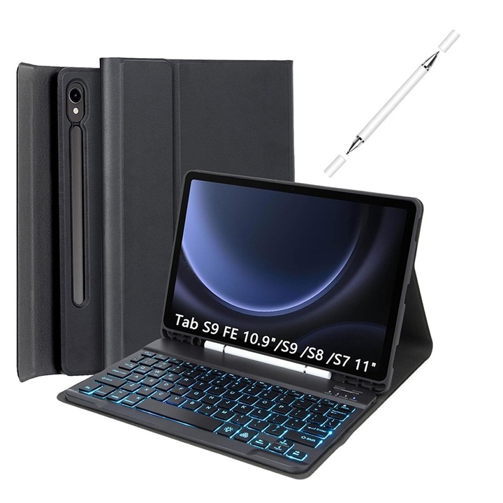 Husa de protectie cu tastatura iluminata compatibila cu Samsung Galaxy Tab S9 FE 10, 9 inch/S8 11 inch X700/X706/S7 T870/T875, 7 culori RGB, wireless, Bluetooth 5.3, unghi reglabil, conector USB-C, cablu Type-C, stylus cu doua varfuri, negru