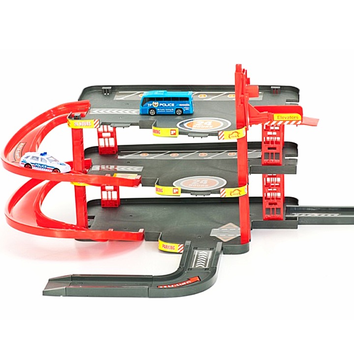 Set de Joaca Interactiv Parcare de Politie Supraetajata cu 3 Nivele Semnalizare Rutiera Masina Autobuz de Politie Autocolante si Indicatoare 50 x 80 cm SprintMag®