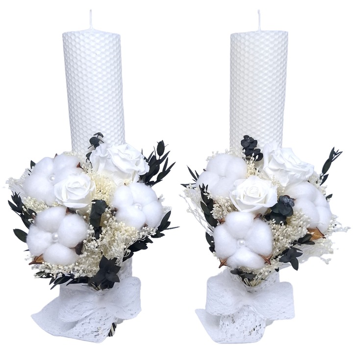 Комплект от 2 сватбени свещи от естествен восък, декорирани с криогенни рози, памучни цветя и криогенни/сухи естествени цветя В35/Д6 см, бели