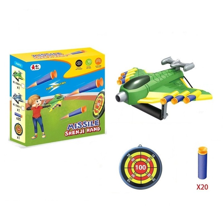 Jucaruie cu Lansator pentru Copii, Lanseaza Manual, Tinta, Avion, 20 de Gloante din Material Moale, Joc Interactiv, 24x23.5x6.3 cm, Verde, Stef's Cat