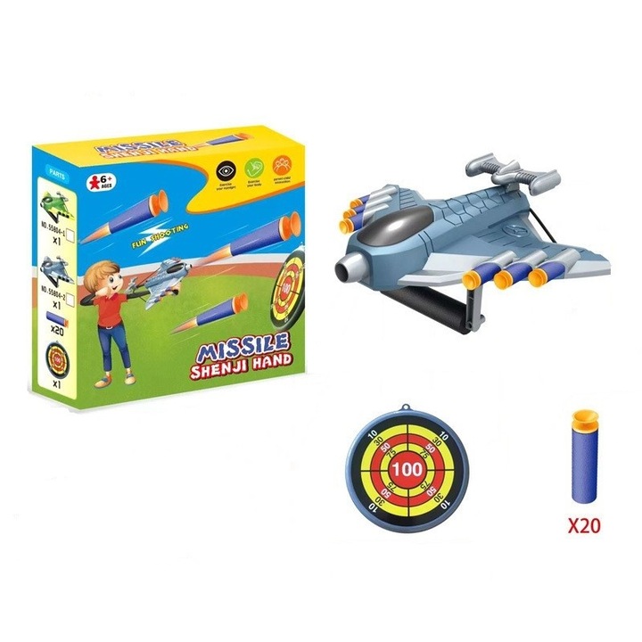Jucaruie cu Lansator pentru Copii, Lanseaza Manual, Tinta, Avion, 20 de Gloante din Material Moale, Joc Interactiv, 24x23.5x6.3 cm, Gri, Stef's Cat