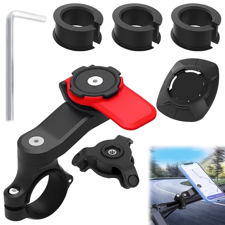 Suport telefon pentru Motocicleta, RorAem, Suport telefon pentru bicicleta, detasabil, rotire 360°, compatibil 4.7"-7.2", compatibil Quad Lock, utilizare pe bicicleta sau motocicleta, Negru/Albastru