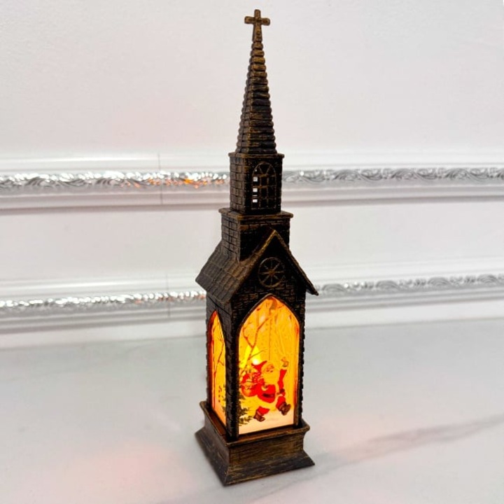 Decoratiune Capela luminoasa Church and Night cu lumina LED si Mos Craciun cu sacul plin, Maro, 21X5X5 cm, Velve