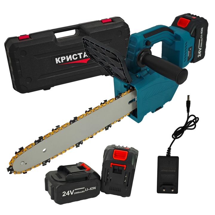 Drujba cu acumulator DDT-CRISTAL, 24 V, 2 Ah, lama de 35 cm, REZERVOR ULEI, POMPITA UNGERE, LAMA 12 " Brushless, utilizare cu o singura mana, ideala pentru constructii