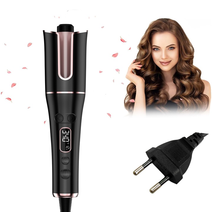 Ondulator automat, acoperire ceramica, protectie premium, potrivit pentru orice lungime si tip de par, control precis al temperaturii, incalzire rapida, cu 2 directii de rotatie, ecran LCD, temperatura reglabila pana la 220°, negru