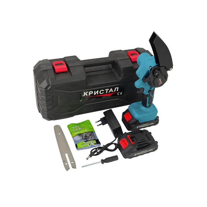 Моторен трион DDT-CRISTAL, мини, с 2 батерии 21 V, 2000 mAh, нож + верига 6", Нов модел - DDT