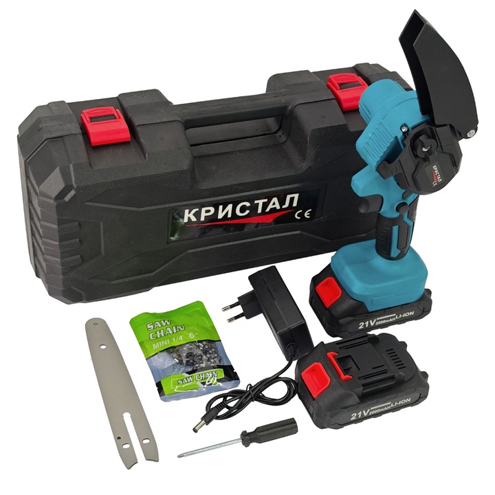 Mini fűrész DDT-CRISTAL akkumulátorral, akkumulátor kijelzővel, automatikus kenőrendszerrel, 21V, 2 Ah