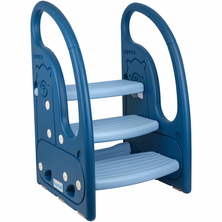 Детски стол за повдигане с дръжки, FizioTab®, тип стълба, с три стъпала, реверсивен и с противоплъзгаща повърхност, за използване в кухня, баня, алпака синьо