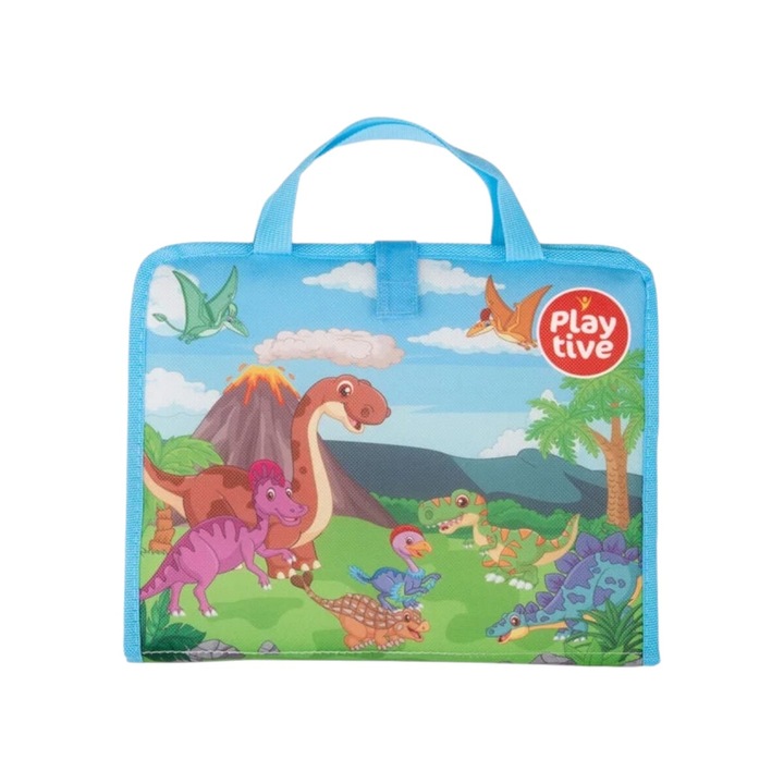 Set de desenat creativ si educativ Montessori pentru copii, Carte magica de desenat cu creion pe baza de apa "Playtive" tip geanta, Desen cu apa, Ideal in deplasare, Reutilizabila, 2 piese, 46x28cm deschisa, 22x28cm inchisa, 1, 5 ani+, Model dinozauri