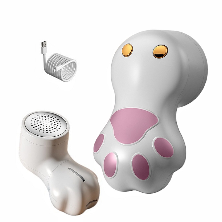 Szösztisztító, minden típusú ruhához, szőnyeghez, hordozható, három sebességfokozat, USB töltés, kivehető tartály, fehér