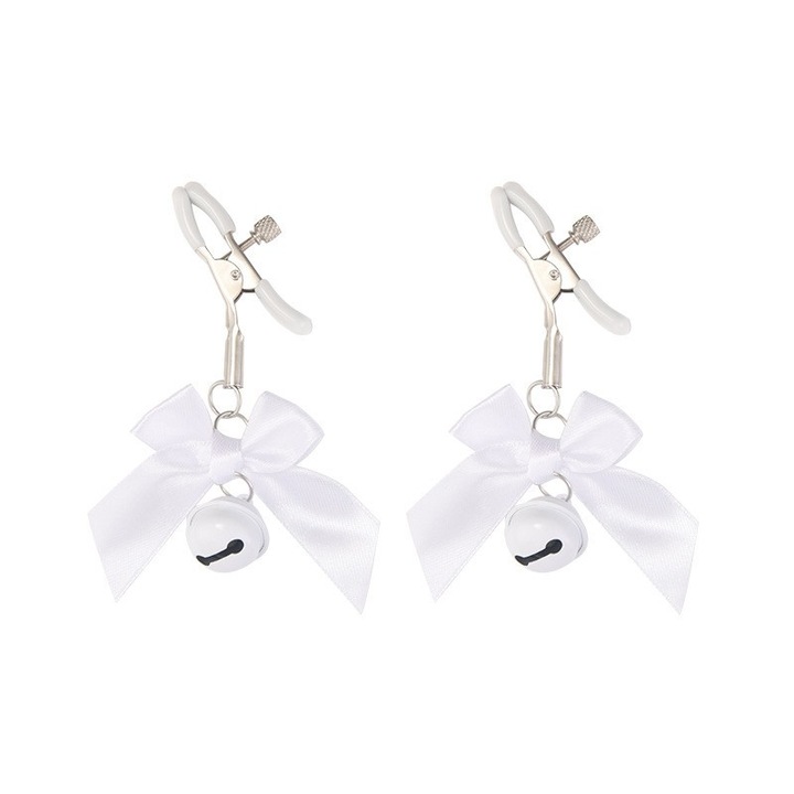 Щипки за зърна, Звънчета и панделки, Регулируеми, Бял