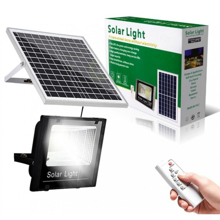 Macvi napelemes lámpa, 100 W, 130 LED COB, IP67, távirányító, 10 órás világítás, karbantartást nem igénylő telepítés