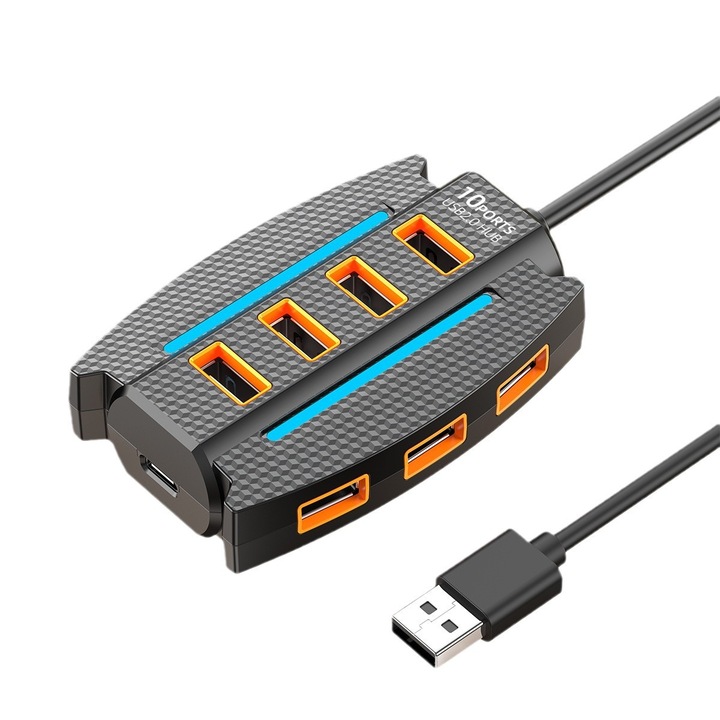 Докинг станция, 10 в 1, USB 2.0, RGB, преносима, висока скорост, 1,2 м, черна