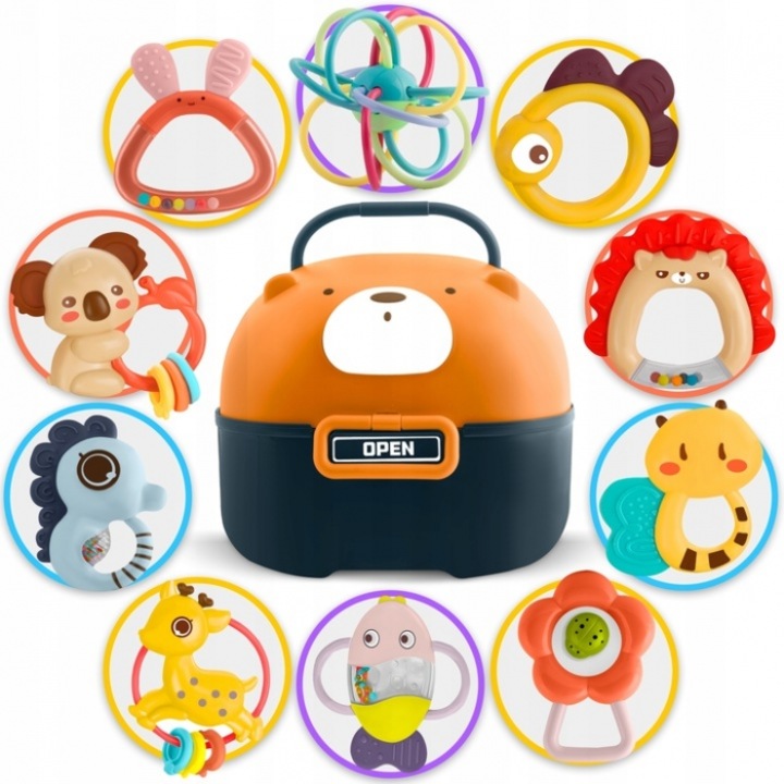 Set 10 jucarii de dentitie pentru bebelusi Ricokids in Cutie depozitare forma de ursulet cu maner, forme diverse si animale cu zornaitoare