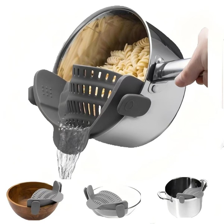 Sita de Silicon Clip-On, Excitat®, pentru Legume si Paste - Gadgeturi de Bucatarie pentru Boluri, Oale si Tigai - Instrumente Esentiale pentru Gatit Acasa - Gri