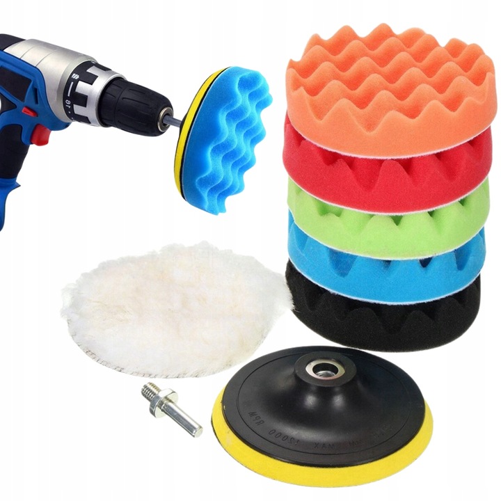 Set 12 Lustruire, Fixare Rapida Cu Velcro, Compatibilitate Universala, Bureti De Duritati Diferite, Diametrul Buretilor Si Al Discului 12 cm