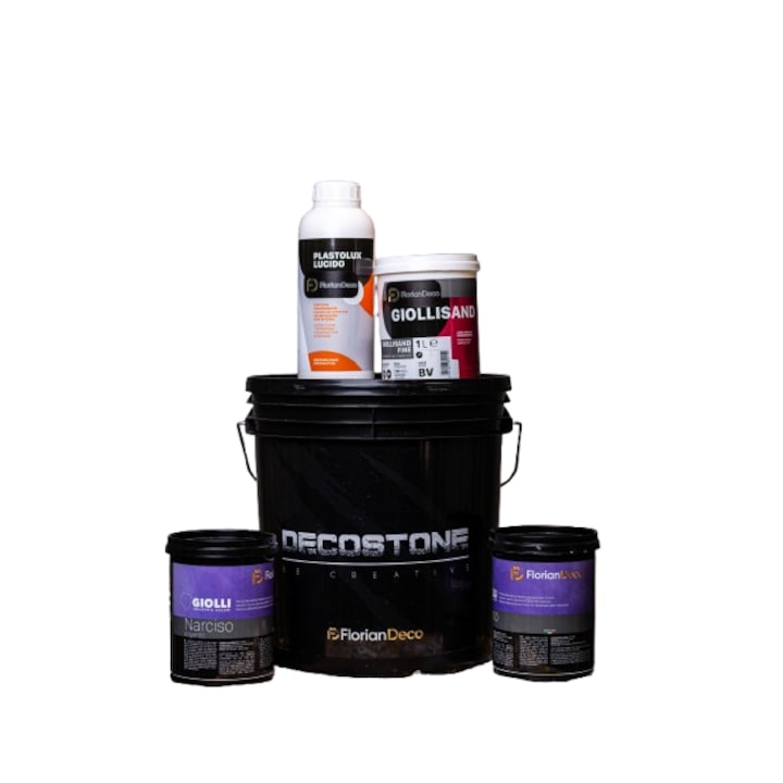 Kit Piatra Sparta – GiolliSand 1L + Decostone 24 KG + Narcisso 2 L + Plastolux Lucido 1 L pentru 12 mp