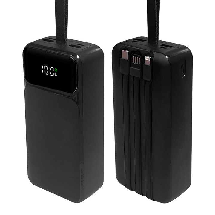 Външна батерия 30 000 mAh, Ronic X, бързо зареждане, високоскоростна технология PD 22,5 W, 3 интегрирани кабела (USB-C, USB-A, Lightning), 4 порта, LED екран, двупосочно зареждане, съвместим с iOS/Android, Преносим, черен, Power Bank