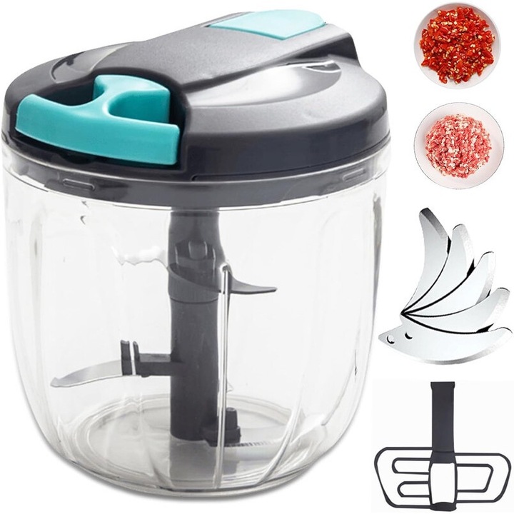 Ръчен чопър, капацитет 900 мл, 5 ножа от неръждаема стомана и аксесоари за смесване, мултифункционален, за зеленчуци, плодове, чесън, лук, сив