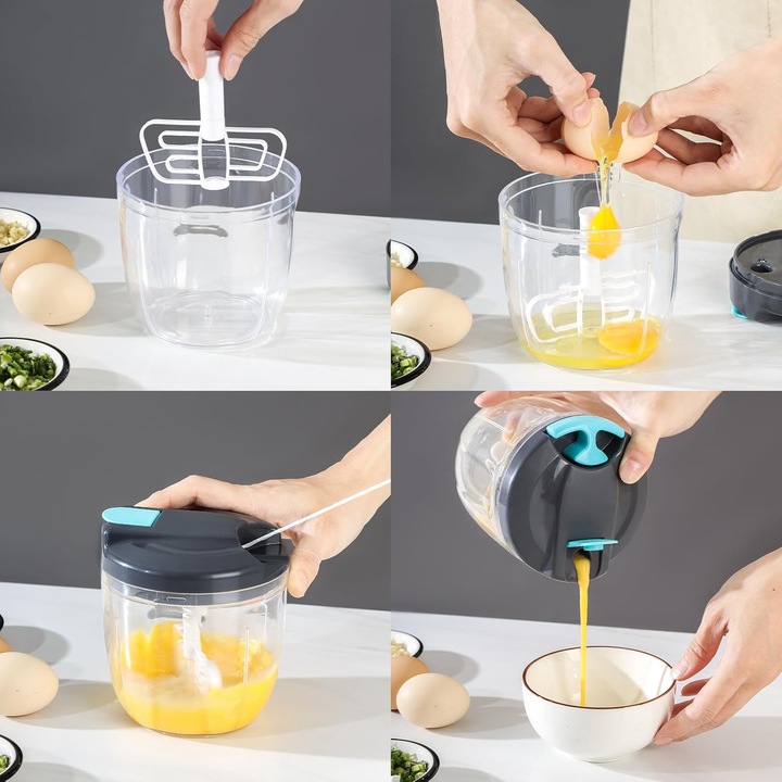 Ръчен чопър, капацитет 900 мл, 5 ножа от неръждаема стомана и аксесоари за смесване, мултифункционален, за зеленчуци, плодове, чесън, лук, сив