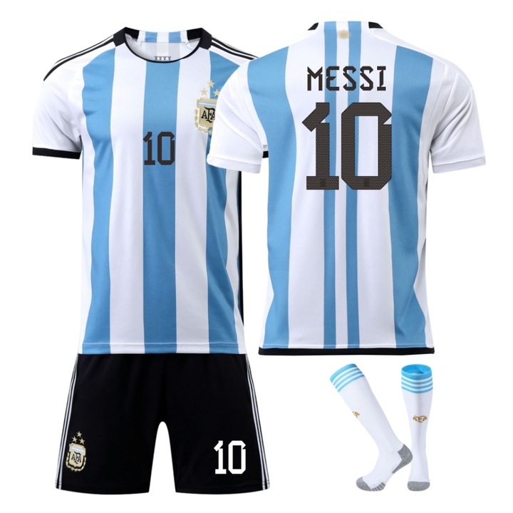Детска спортна екипировка Комплект футболна фланелка Аржентина Меси, полиестер, син, Син