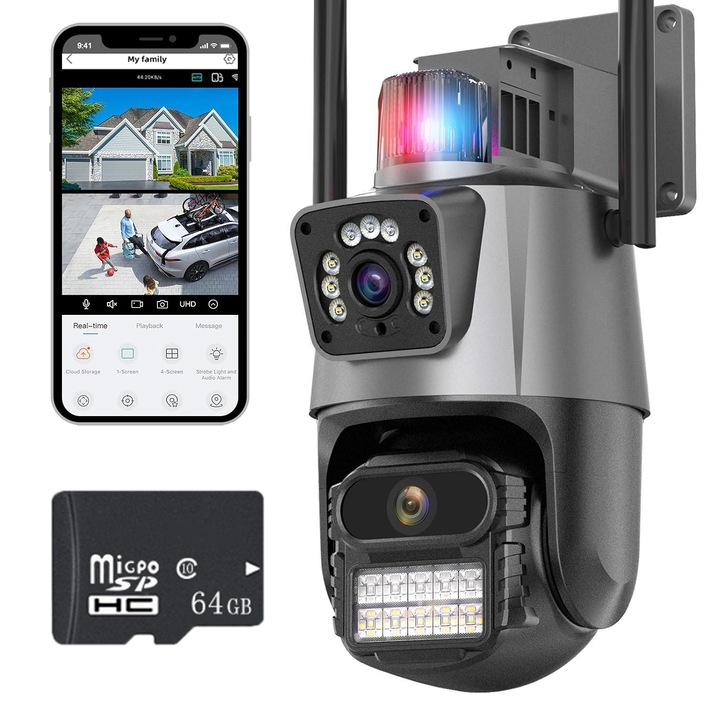 Térfigyelő kamera, 8 MP, 4K Ultra HD, színes éjszakai, IP66 vízálló, forgatható, két lencse