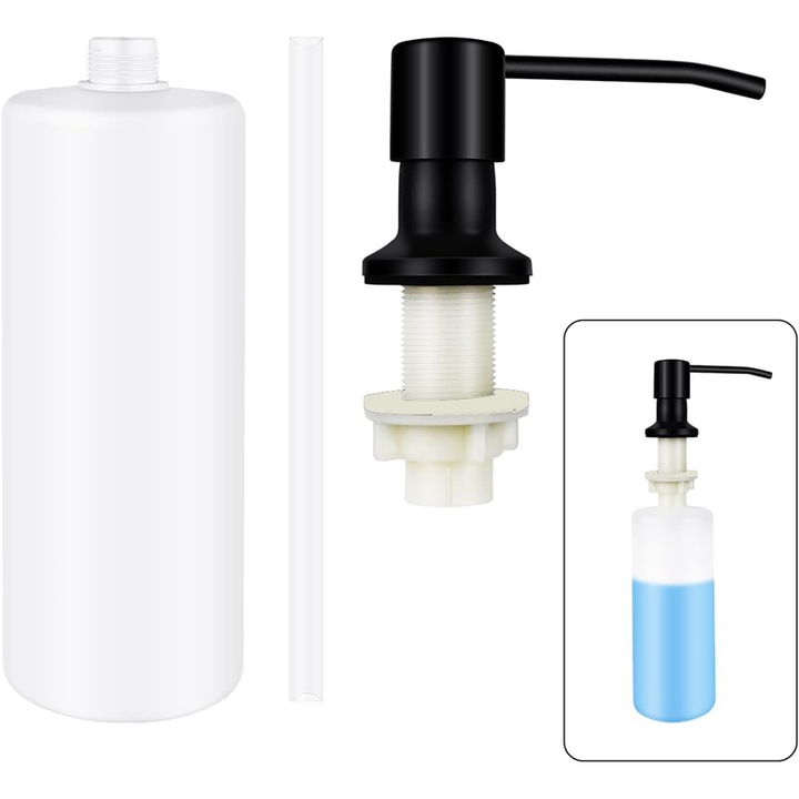 Dozator incorporat, rotativ 360°, capacitate 500 ml, otel inoxidabil, pentru chiuveta, sapun, detergent, negru