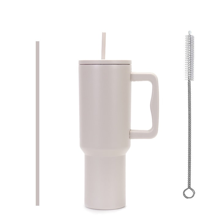 Cana Termos Cu Maner Si Pai, Capac termos, 1180ml, Mentine Temperatura Indelungat, Design Ergonomic, cu maner, 2 paie, 1 perie de curatare, inox,, Sistem Antiscurgere, Ideala Pentru Birou, Drumetii Sau Calatorii，maro deschis