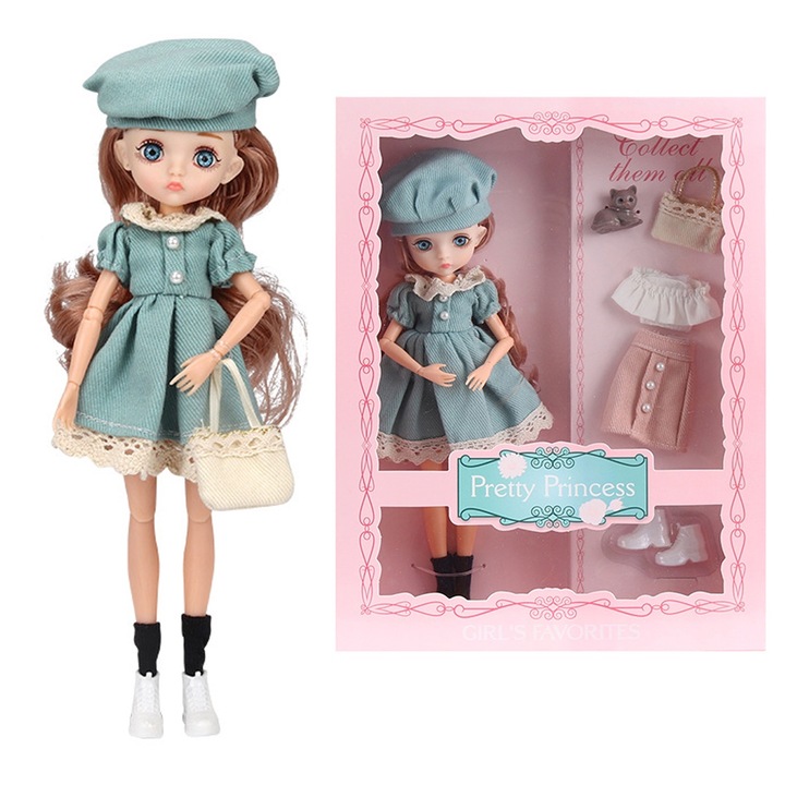 Симулирана кукла, LXNZUHN®, височина 26 см, с бельо, чанта, чорапи, обувки, шапка, 30×23×6 см, зелена