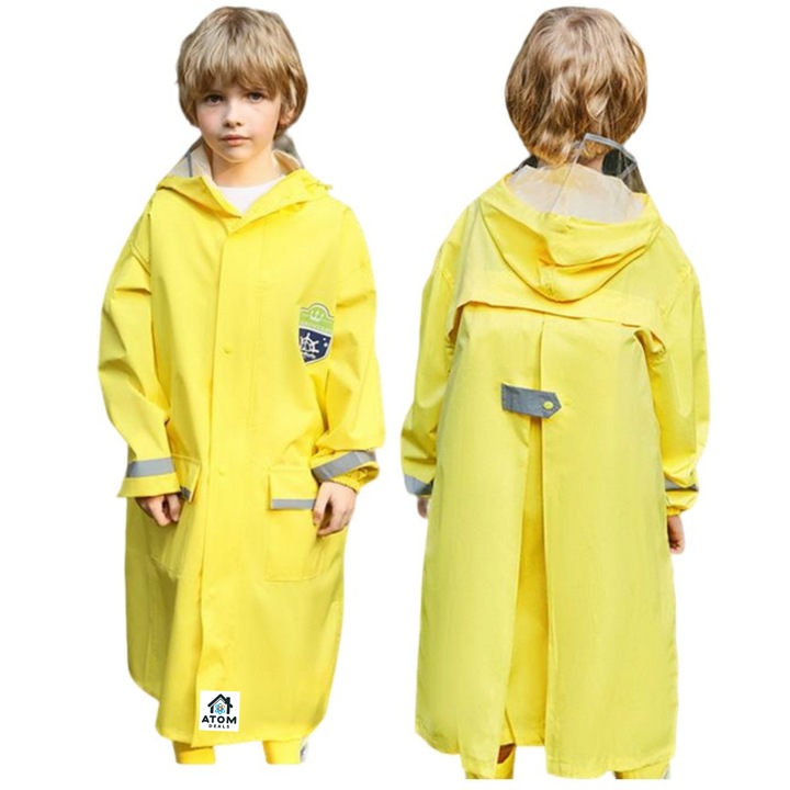 Pelerina de ploaie ATOM DEALS®️pentru, galbena, cu spatiu pentru ghiozdan, benzi reflectorizante, material rezistent la apa cu 3 starturi de protectie si gluga transparenta, modern, sac depozitare inclus, Galben
