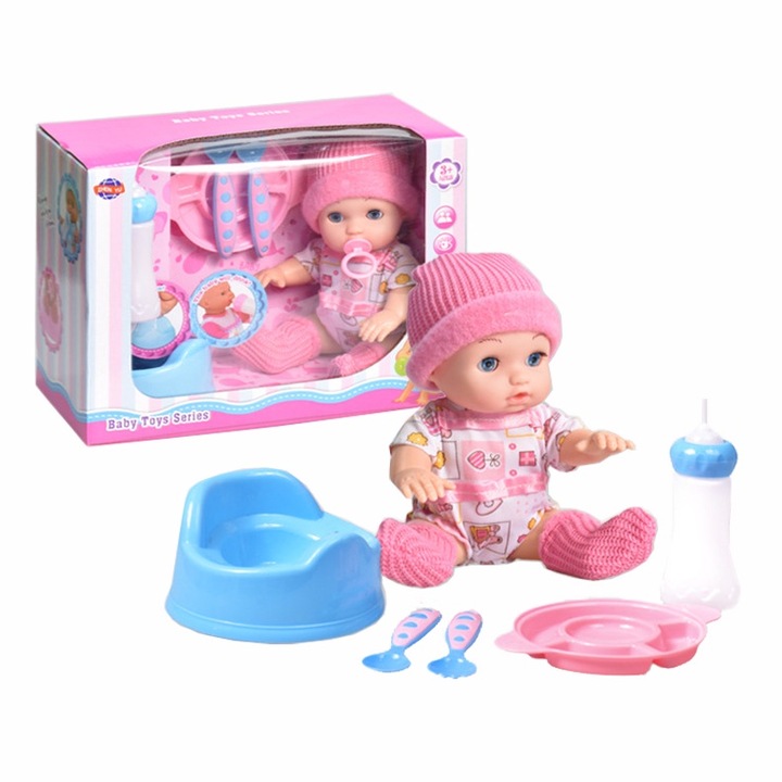 Симулация на бебе, LXNZUHN®, височина 24 см, оборудвана с 4 интегрирани звукови вериги, музика, звук на бебешки плач, PVC, бутилка, залъгалка, чинии, лъжица, писоар, тоалетна, 27×13×20 см, прахово синьо