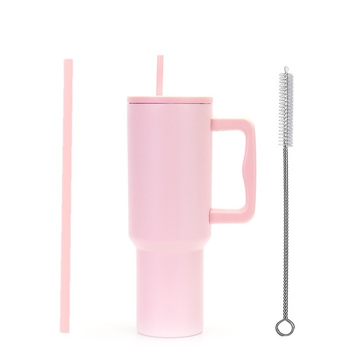 Cana Termos Cu Maner Si Pai, Capac termos, 1180ml, Mentine Temperatura Indelungat, Design Ergonomic, cu maner, 2 paie, 1 perie de curatare, inox,, Sistem Antiscurgere, Ideala Pentru Birou, Drumetii Sau Calatorii ，roz